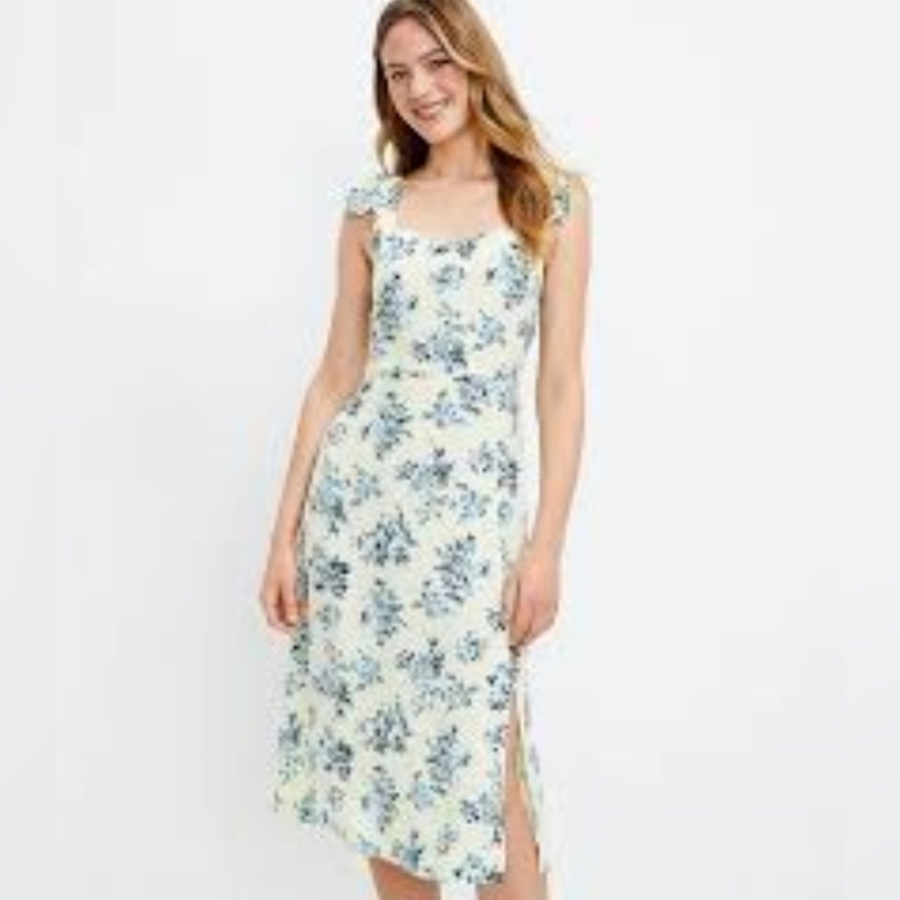 Loft Floral Ruffle Strap Midi Dress NWOT Blue & Cream Size 8